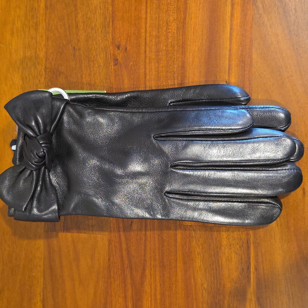 Kate Spade Black Leather Self Knot Bow Gloves M Style #KS1001658